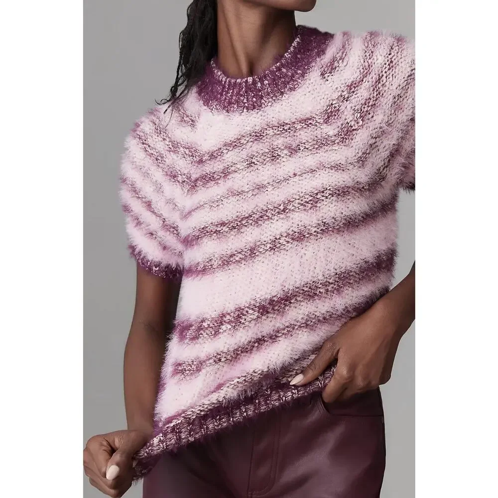Pilcro Baby Sweater Short Sleeve Pink Striped Fuzzy Cozy M - Picture 3 of 12